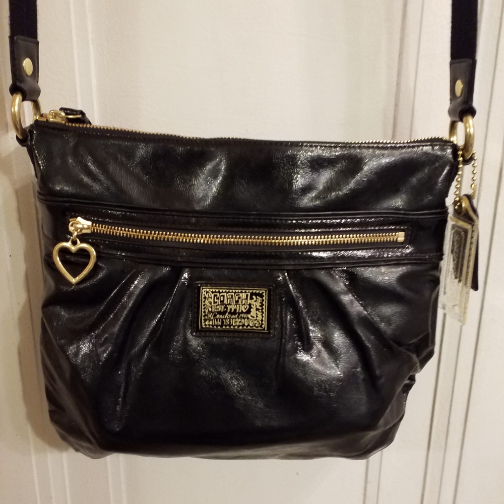 Coach Black Patten Leather Poppy Crossbody Bag with Gold Accents